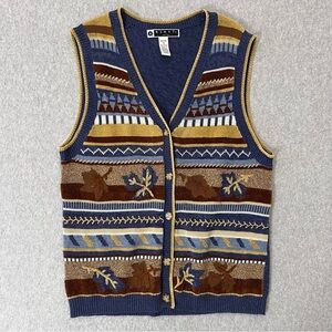 Vtg Blast Cottagecore Fall Striped Sweater Vest Size Med Petite Leaves Boho 90s